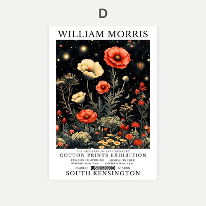 Poster for William Morris exhibition with floral design and event details.