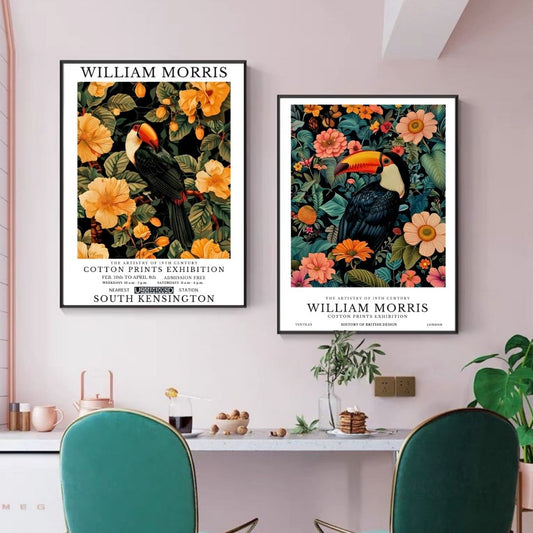 William Morris Toucan Exotic Bird Floral Wall Art Canvas Print Botanical Tropical Vintage Poster For Home Office Wall Decor