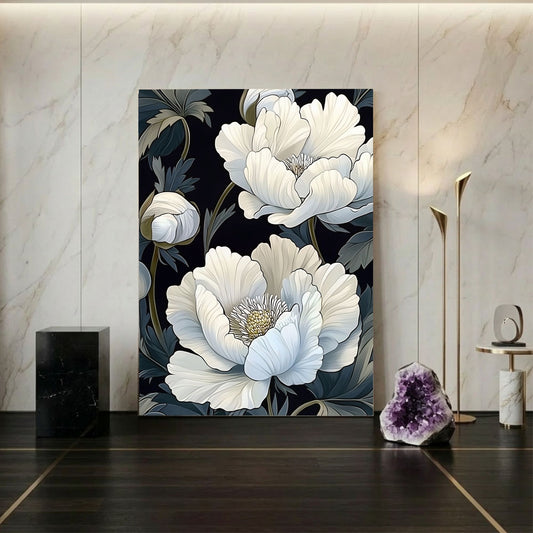 William Morris White Peony Floral Framed Wall Art Canvas Print - Vintage Botanical Flower Artwork