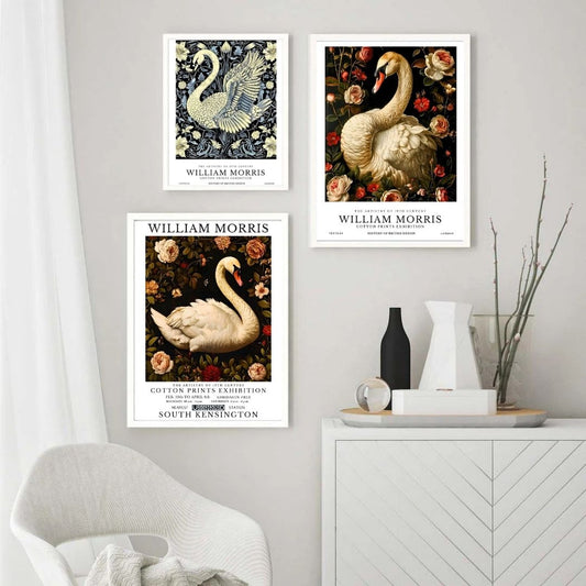 William Morris White Swan Vintage Birds Wall Art Canvas Print Botanical Floral Retro Art Print For Home Office Wall Decor