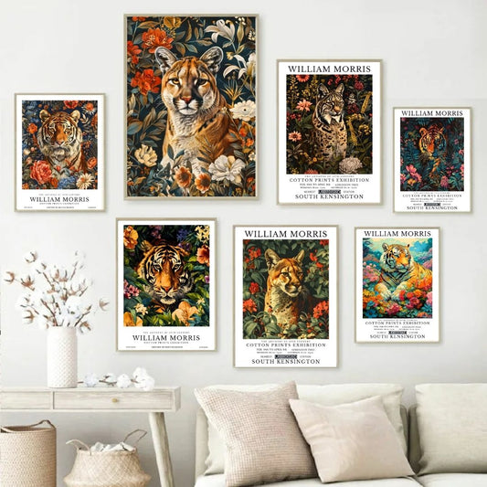 William Morris Tiger Cougar Puma Vintage Animal Wall Art Canvas Print Botanical Tropical Retro Poster for Living Room Bedroom Office Decor