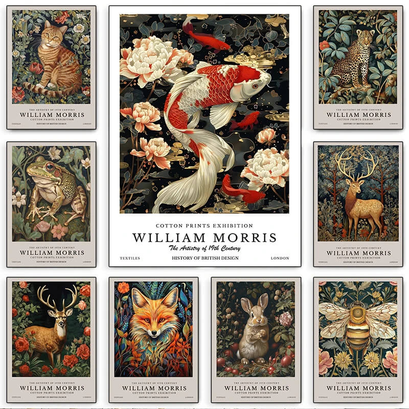 William Morris Wall Art Retro Museum Exhibition Poster Fish Dragon Fox Deer Butterflies Peacock Canvas Prints Fine Art For Living Room Décor