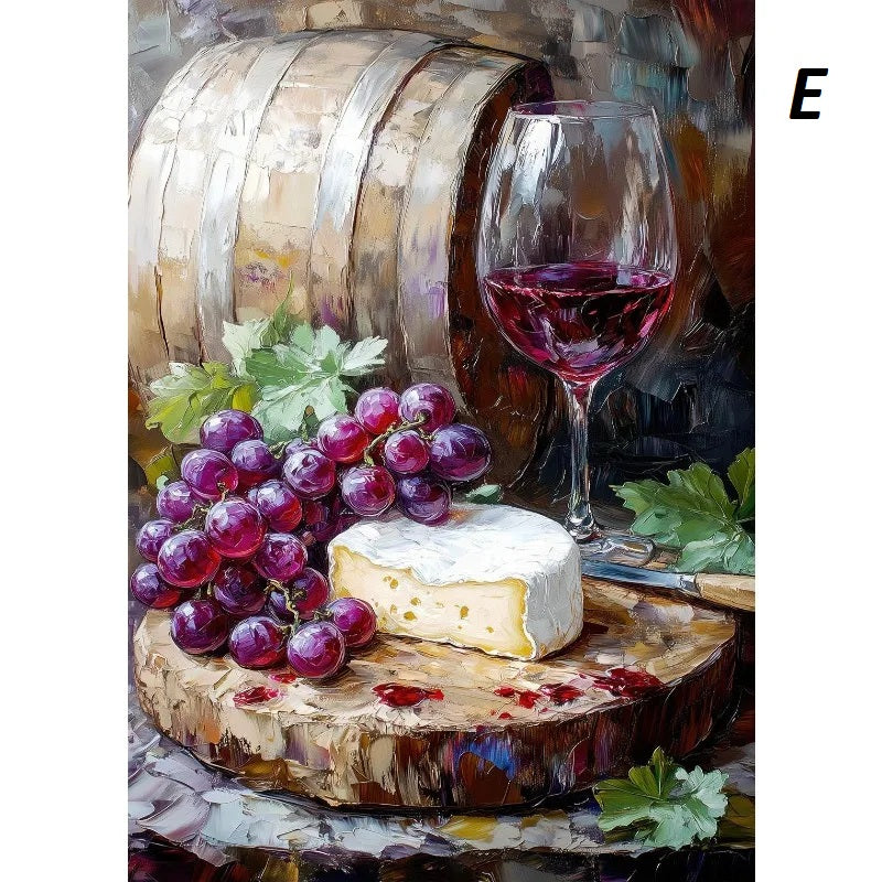 Still life painting of grapes, cheese, and a glass of red wine with a barrel in the background.