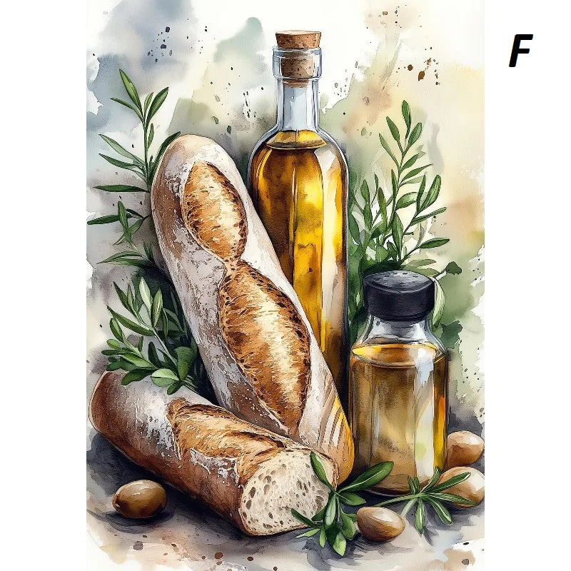 Illustration of bread and olive oil bottles with herbs on a textured background