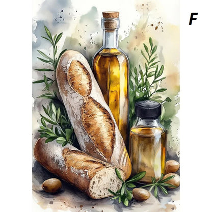 Illustration of bread and olive oil bottles with herbs on a textured background