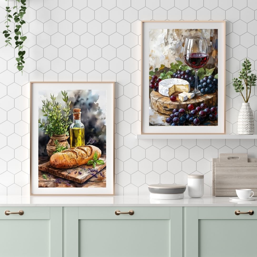 Wine Cheese French Bread Olive Oil Food and Drinks Wall Art Canvas Prints For Rustic Kitchen Dining Room Wall Decor