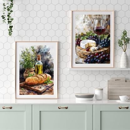 Wine Cheese French Bread Olive Oil Food and Drinks Wall Art Canvas Prints For Rustic Kitchen Dining Room Wall Decor