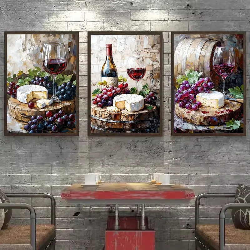Wine Cheese French Bread Olive Oil Food and Drinks Wall Art Canvas Prints For Rustic Kitchen Dining Room Wall Decor