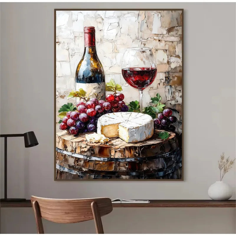 Wine Cheese French Bread Olive Oil Food and Drinks Wall Art Canvas Prints For Rustic Kitchen Dining Room Wall Decor