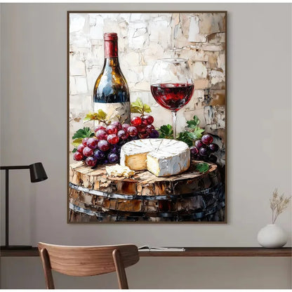 Wine Cheese French Bread Olive Oil Food and Drinks Wall Art Canvas Prints For Rustic Kitchen Dining Room Wall Decor