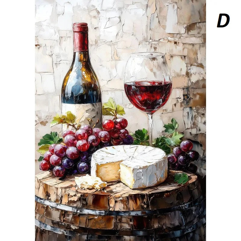 Wine bottle, glass, grapes, and cheese on a wooden barrel with a textured stone wall background.