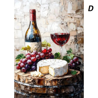 Wine bottle, glass, grapes, and cheese on a wooden barrel with a textured stone wall background.