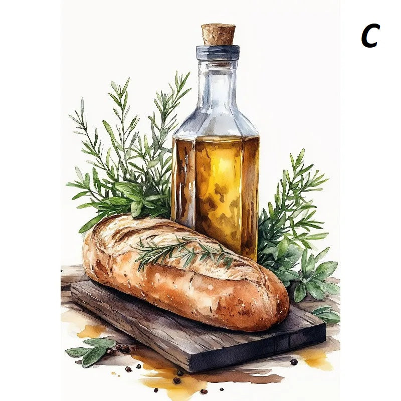Loaf of bread with olive oil bottle and herbs on a wooden board