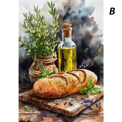 Loaf of bread, olive oil bottle, and herbs on a wooden board with a watercolor background