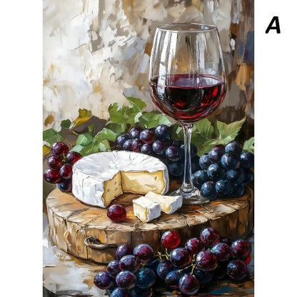 Still life with a glass of red wine, cheese, and grapes on a wooden board.