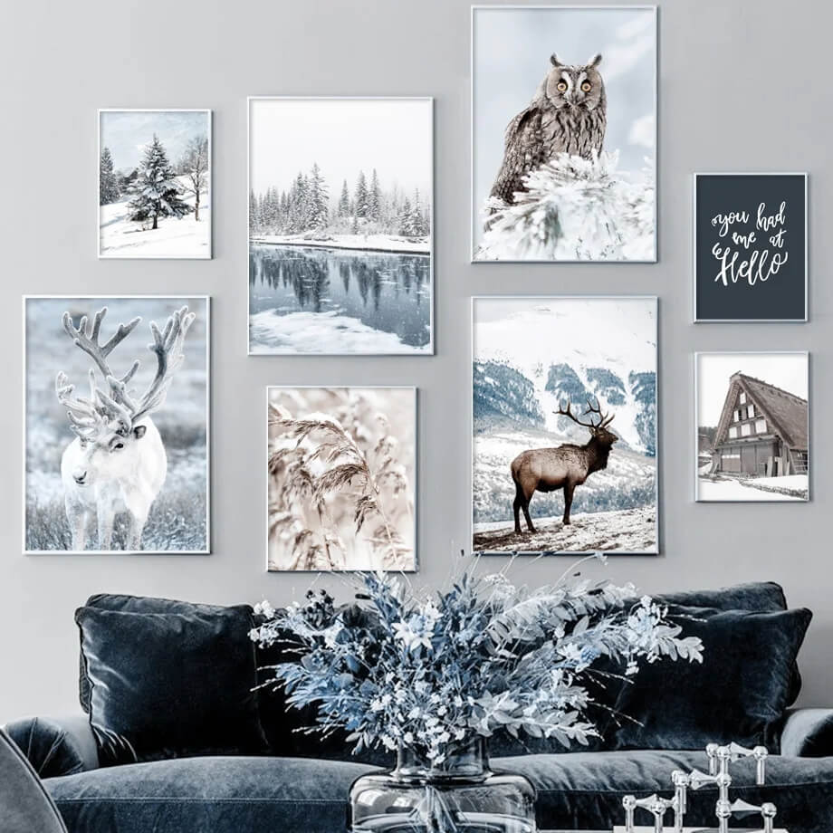 Winter Snow Deer Owl Forest River Wall Art Wilderness Large Canvas Prints Nordic Posters Nature Wall Art For Living Room Home Décor