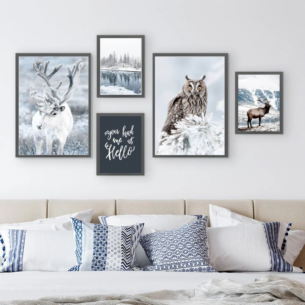 Winter Snow Deer Owl Forest Wilderness Canvas Prints Nordic Gallery Wall Art Set Of 5 Posters For Rustic Living Room Home Decor