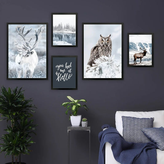 Winter Snow Deer Owl Forest Wilderness Canvas Prints Nordic Gallery Wall Art Set Of 5 Posters For Rustic Living Room Home Decor