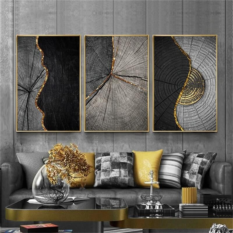 Wood Texture Marble Abstract Golden Canvas Prints Wall Art Luxury Posters For Modern Loft Living Room Home Décor