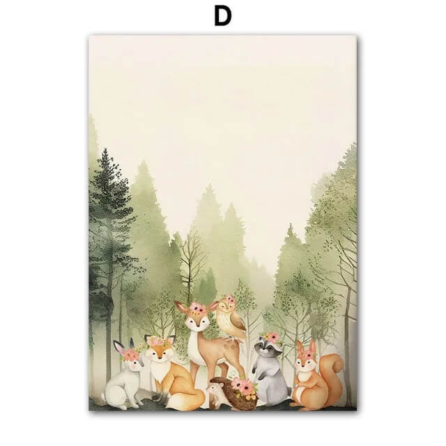 Woodland Animals Forest Watercolor Wall Art Canvas Prints Nordic Minimalist Fine Art Green Large Posters For Kids Room Nursery Home Décor