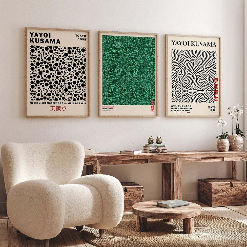 Yayoi Kusama Abstract Line Dots Green Black Canvas Prints Wall Art For Modern Living Room Bedroom Office Décor