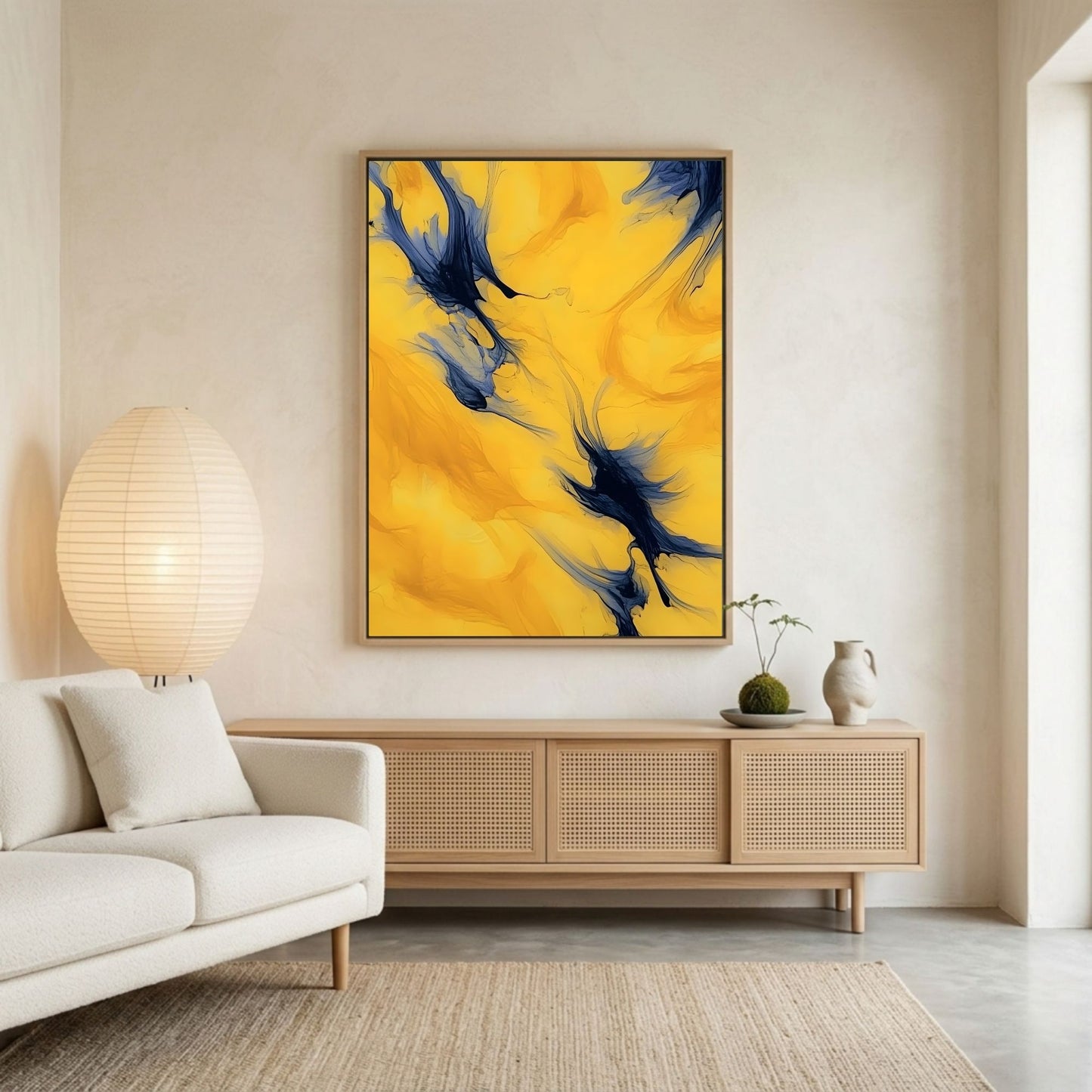 Yellow Blue Abstract Framed Wall Art Canvas Print - Modern Fluid Painting for Contemporary Living Room