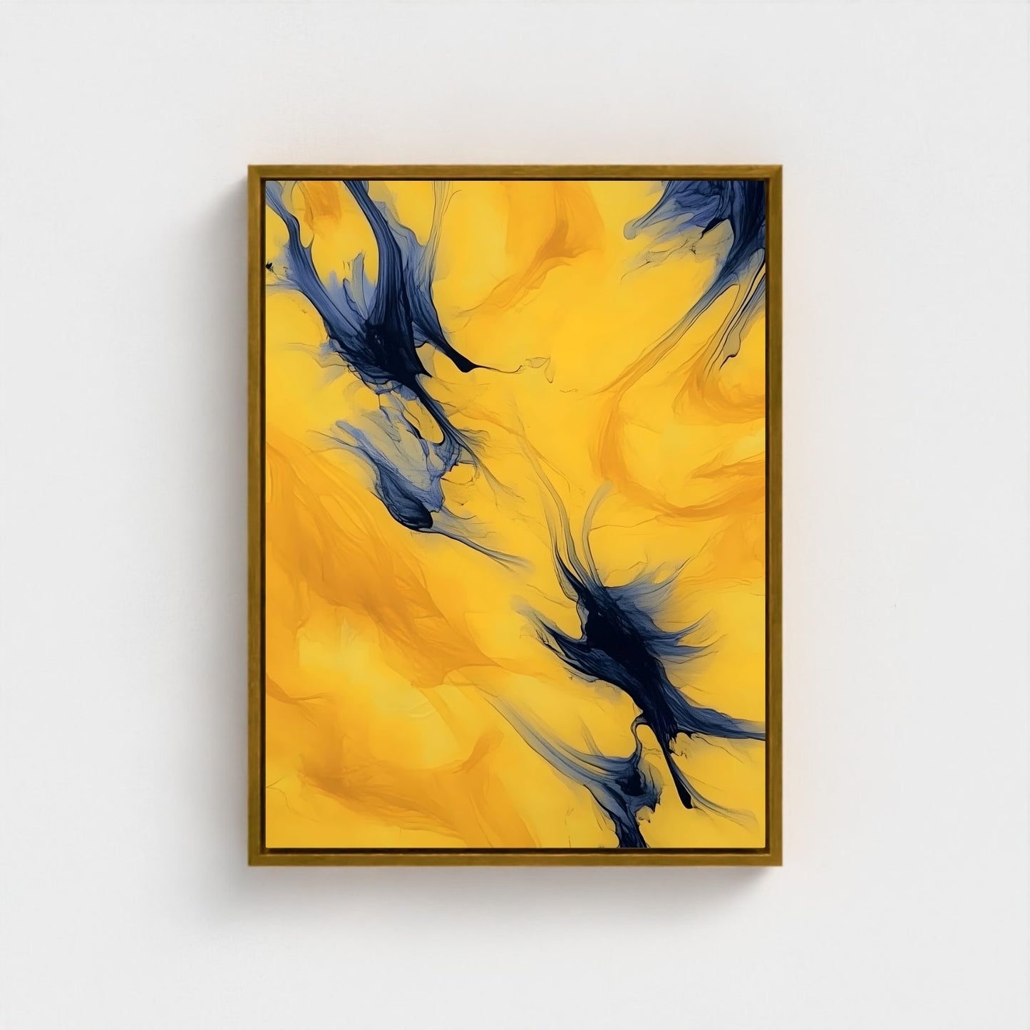Yellow Blue Abstract Framed Wall Art Canvas Print - Modern Fluid Painting for Contemporary Living Room