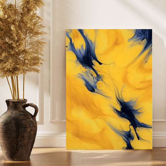 Yellow Blue Abstract Framed Wall Art Canvas Print - Modern Fluid Painting for Contemporary Living Room