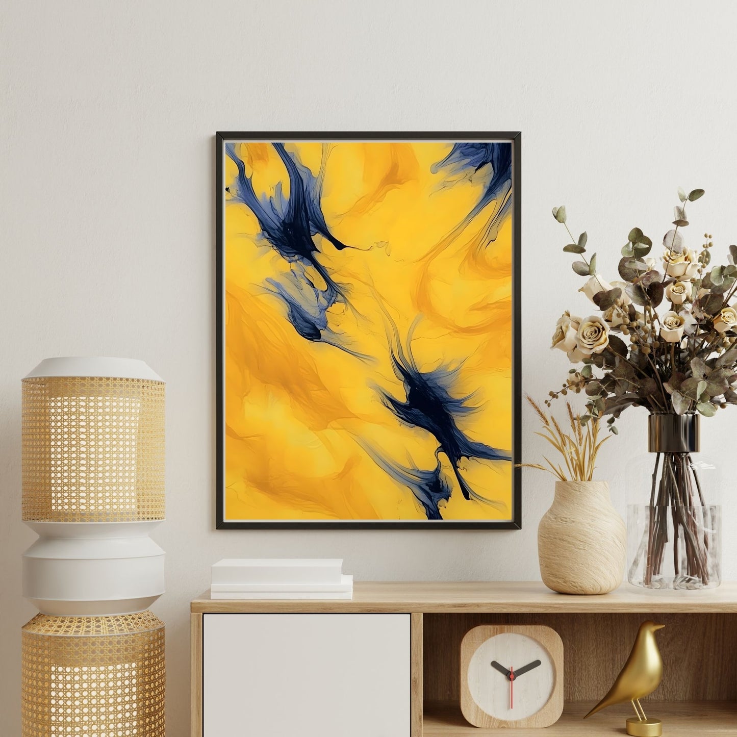 Yellow Blue Abstract Framed Wall Art Canvas Print - Modern Fluid Painting for Contemporary Living Room