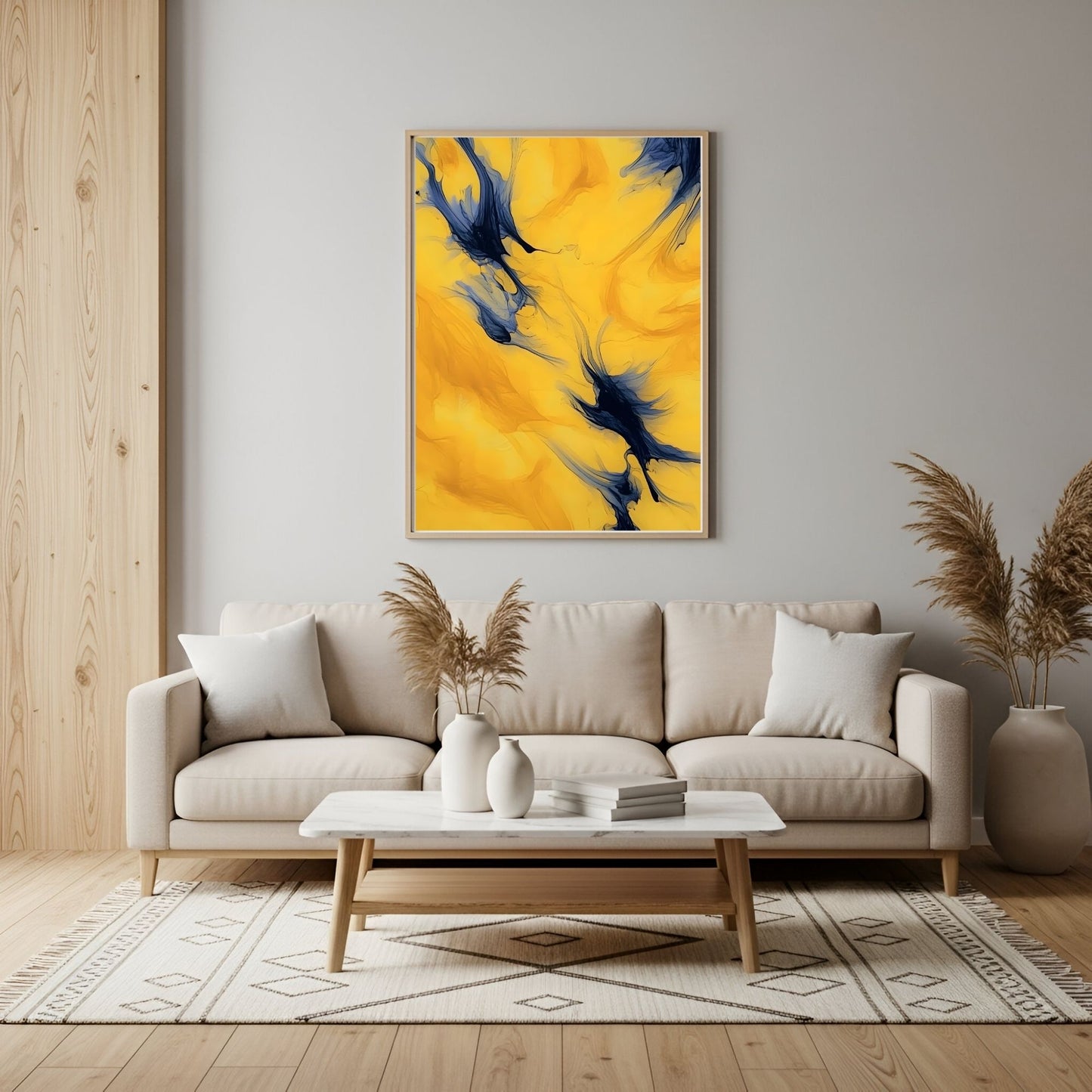 Yellow Blue Abstract Framed Wall Art Canvas Print - Modern Fluid Painting for Contemporary Living Room