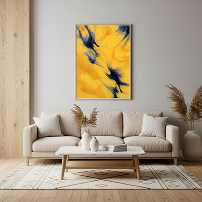 Yellow Blue Abstract Framed Wall Art Canvas Print - Modern Fluid Painting for Contemporary Living Room