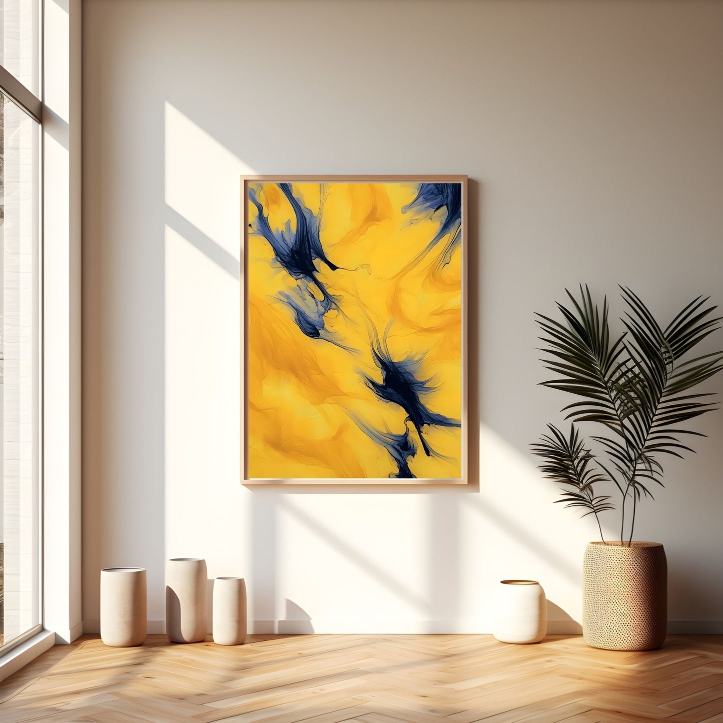 Yellow Blue Abstract Framed Wall Art Canvas Print - Modern Fluid Painting for Contemporary Living Room