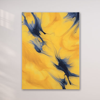 Abstract painting with blue and black strokes on a yellow background