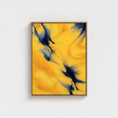 Yellow Blue Abstract Framed Wall Art Canvas Print - Modern Fluid Painting for Contemporary Living Room