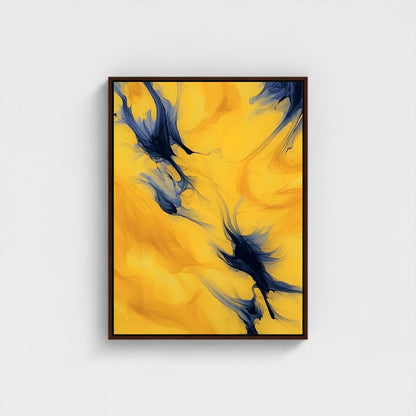 Yellow Blue Abstract Framed Wall Art Canvas Print - Modern Fluid Painting for Contemporary Living Room