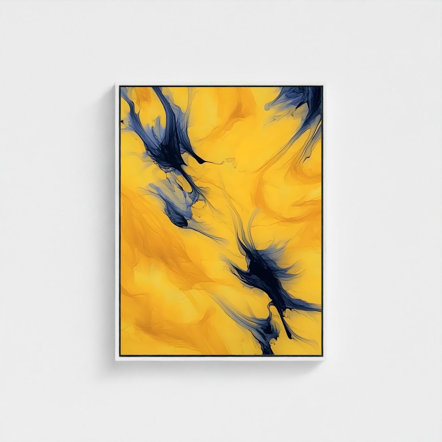 Yellow Blue Abstract Framed Wall Art Canvas Print - Modern Fluid Painting for Contemporary Living Room