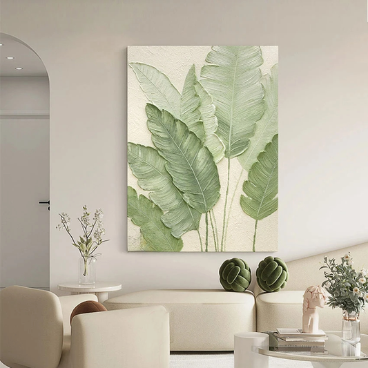 Fresh Greenery Hand-Painted Artwork | Handcrafted Textured Leaf Canvas Art