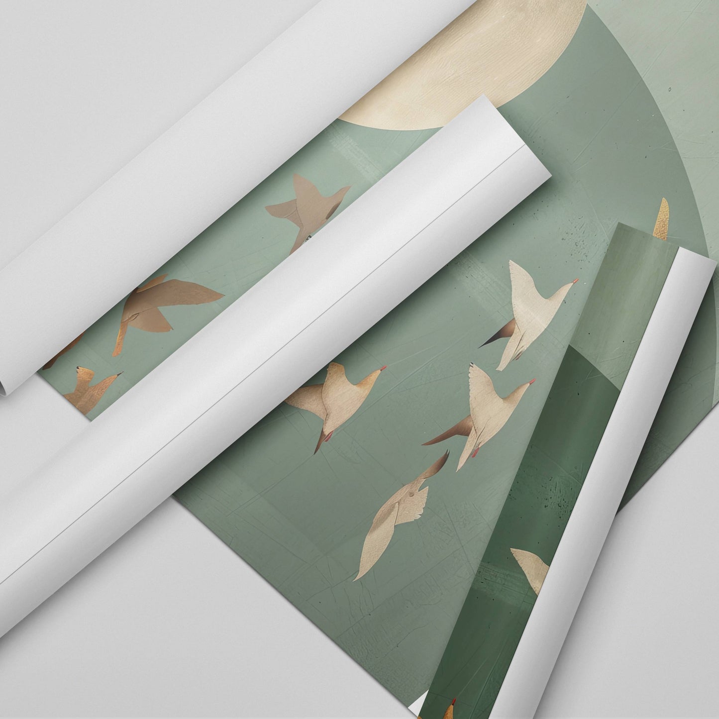 Roll of wallpaper with a floral design on a light gray background