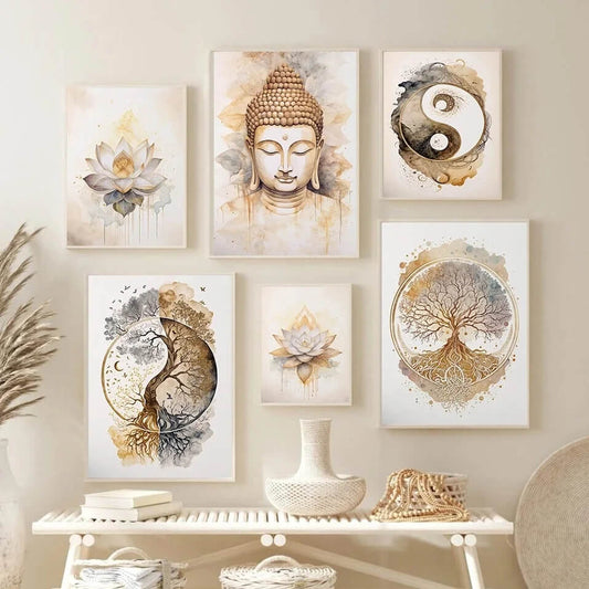 Nordic Tree of Life Buddha Lotus Minimalist Canvas Prints Wall Art Pastel Watercolor Pictures For Modern Living Room Yoga Bedroom Refresh