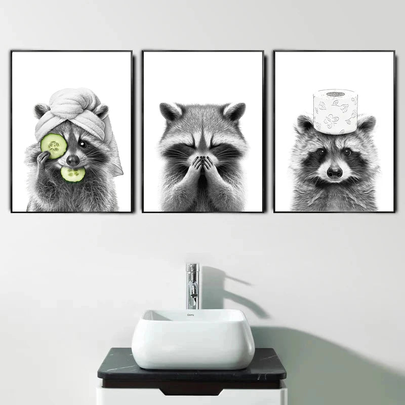 Funny Animals Cat Giraffe Elephant Toilet Paper Bathtub Black White Canvas Print Wall Art For Modern Bathroom Décor