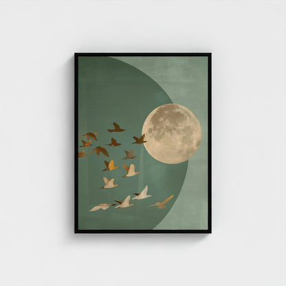 Golden Moon & Celestial Birds Canvas Wall Art – Sage Green
