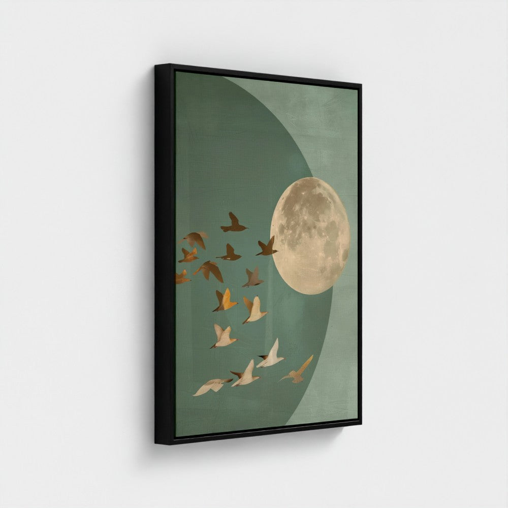 Golden Moon & Celestial Birds Canvas Wall Art – Sage Green