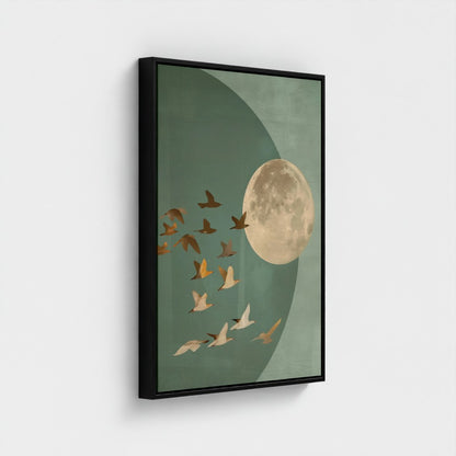 Golden Moon & Celestial Birds Canvas Wall Art – Sage Green