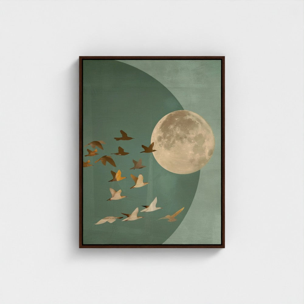 Golden Moon & Celestial Birds Canvas Wall Art – Sage Green