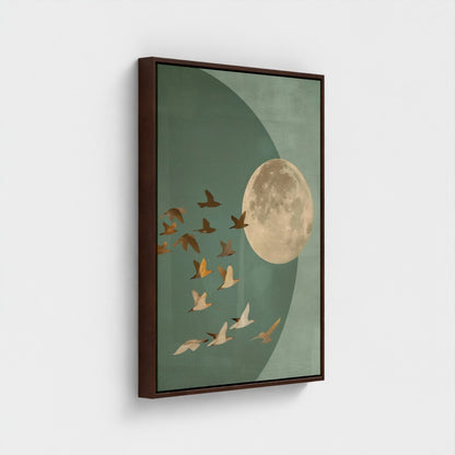 Golden Moon & Celestial Birds Canvas Wall Art – Sage Green