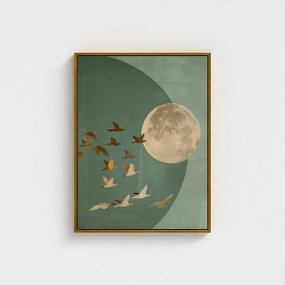 Golden Moon & Celestial Birds Canvas Wall Art – Sage Green