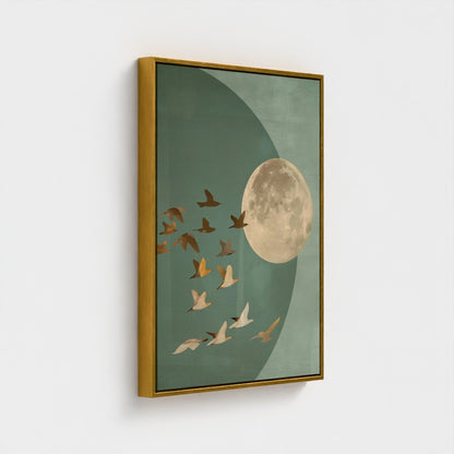 Golden Moon & Celestial Birds Canvas Wall Art – Sage Green