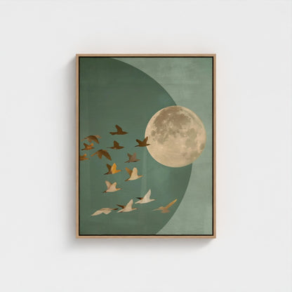 Golden Moon & Celestial Birds Canvas Wall Art – Sage Green