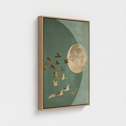 Golden Moon & Celestial Birds Canvas Wall Art – Sage Green