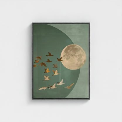 Golden Moon & Celestial Birds Canvas Wall Art – Sage Green